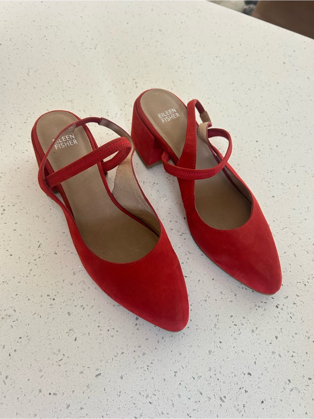 Eileen Fisher Red Suede Pointed Mary Jane Block Heels